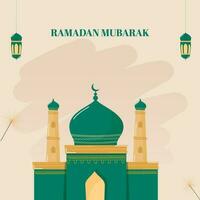 Ramadán Mubarak póster diseño con mezquita ilustración, espumoso palos y Arábica linternas colgar en melocotón antecedentes. vector