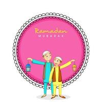 Happy Muslim Boys Holding Lanterns On Pink And White Background For Ramadan Mubarak Concept. vector