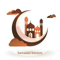 Crescent Moon With Mosque, Silhouette Muslim Man Praying And Clouds On White Background For Ramadan Kareem Concept. vector