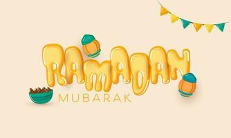 Stylish Ramadan Mubarak Font With Bowl Full Of Dates, Arabic Lanterns And Bunting Flags On Peach Background. vector