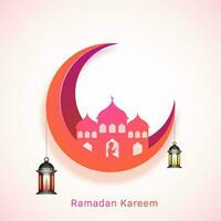 Ramadan Kareem Concept With Crescent Moon, Silhouette Muslim Man Praying In Mosque And Lit Lanterns On Glossy Background. vector