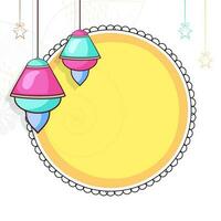 Empty Circular Frame With Lanterns And Stars Hang On White Background For Islamic Festival. vector