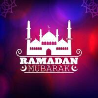 White Ramadan Mubarak Text With Mosque, Crescent Moon, Stars On Abstract Gradient Blurred Background. vector