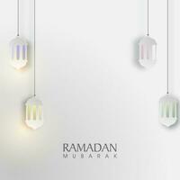 brillante colgando papel lamparas decorado gris antecedentes para islámico santo mes, Ramadán mubarak. vector
