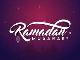 White Ramadan Mubarak Font With Hanging Lantern, Stars On Gradient Blue And Pink Light Effect Blur Mosque Background. vector