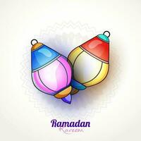 Glowing colorful lanterns on floral design decorated background for Islamic Holy Month, Ramadan Mubarak. vector