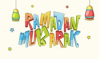 3D Colorful Ramadan Mubarak Text With Hanging Lanterns And Stars Decorated On White Background. vector