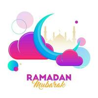 Ramadan Mubarak Concept With Gradient Crescent Moon, Clouds And Silhouette Mosque On White Background. vector