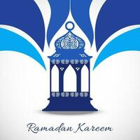 Ramadan Kareem Concept With Arabic Lamp On Blue And White Background. vector