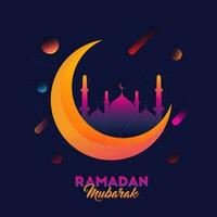 degradado creciente Luna con mezquita en azul antecedentes para Ramadán Mubarak concepto. vector