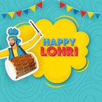 Layered Happy Lohri Text Over Yellow Cloud Frame With Sticker Punjabi Man Playing Drum And Bunting Flags Decorated On Blue Swirl Pattern Background. vector