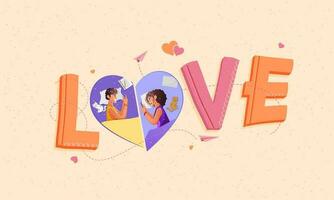 Love Font With Heart Frame Of Cheerful Couple Talking Each Other Through Smartphone On Peach Background. vector