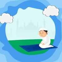 Abstract Blue And Green Silhouette Mosque Background With Muslim Young Boy Praying Namaz On Mat. vector
