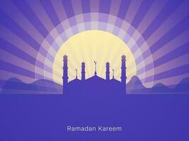 Beautiful Sunset Or Sunrise Background With Silhouette Mosque For Ramadan Kareem Celebration. vector