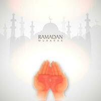 Ramadán kareem concepto con musulmán Orando manos en brillante gris silueta mezquita antecedentes. vector