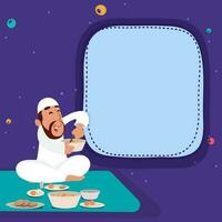 Cartoon Islamic Man Enjoying With Delicious Foods And Copy Space On Blue Background For Islamic Festival Concept. vector