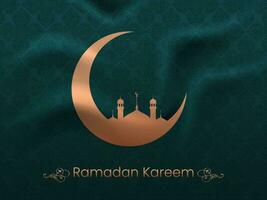 Copper Crescent Moon With Silhouette Mosque Against Teal Crumpled Fabric Islamic Pattern Background For Ramadan Kareem Concept. vector