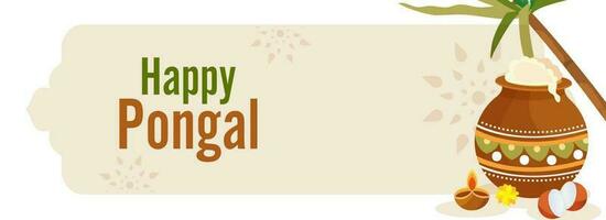 Happy Pongal Banner Or Header Design With Mud Pot Of Traditional Dish, Lit Oil Lamp, Sugarcane On White And Beige Background. vector
