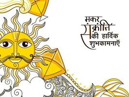 contento makar sankranti deseos escrito en hindi idioma con personaje de surya rostro, cometas, floral, nubes en garabatear estilo en blanco antecedentes. vector