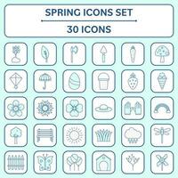 Flat Style Spring 30 Icon Set On Turquoise And White Square Background. vector