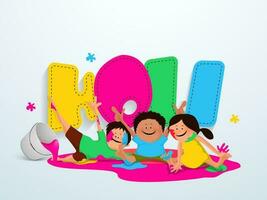 Indian festival of colours, Holi concept with cute kids playing with watercolours and colourful text. vector