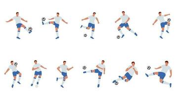 Different Activities Of Male Footballer Player On White Background. vector