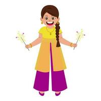 Cheerful Girl Holding Sparkling Sticks On White Background. vector