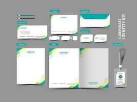 Corporate Identity Kit Including Letterhead, Bi-Fold Brochure, Envelope, Flash Drive, Notepad, Visiting And Id Card On Gray Background. vector