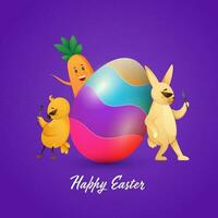 Colorful Glossy Egg With Cartoon Rabbit, Chick Holding Fork And Carrot Character On Purple Background For Happy Easter Concept. vector