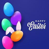 Happy Easter Celebration Concept With Colorful Glossy Eggs And Bunny Ear On Blue Background. vector