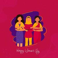 Diversity Young Ladies Making Equality Arm Gesture On Dark Pink Background For Happy Women's Day Concept. vector