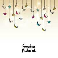 Doodle Style Crescent Moon With Stars String And Lights Effect On Background For Ramadan Mubarak Concept. vector