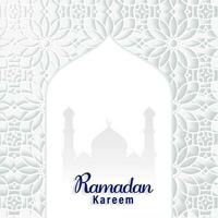 azul Ramadán kareem texto con silueta mezquita en blanco láser cortar islámico modelo antecedentes. vector