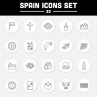 20 Black Linear Style Spain Icon Set On White Circle Background. vector
