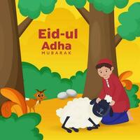 Eid-Ul-Adha Mubarak Concept With Islamic Young Boy Caring Lamb, Goat Illustration On Nature View Background. vector