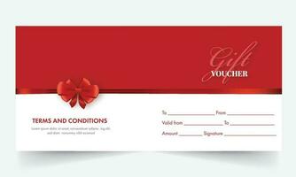 Gift Voucher Banner Or Header Design Closed With Bow Ribbon On Red And White Background. vector