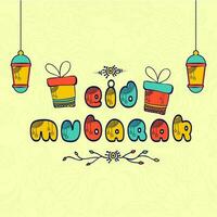 Colorful Eid Mubarak Font With Doodle Gift Boxes, Lanterns Hang On Yellow Background. vector