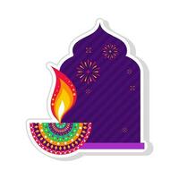 Sticker Style Colorful Floral Oil Lamp Burning Against Purple Door Way Firework Background. vector