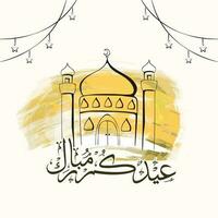 Arabic Calligraphy Of Eid Mubarak With Doodle Mosque, Stars String And Brush Stroke Effect On White Background. vector