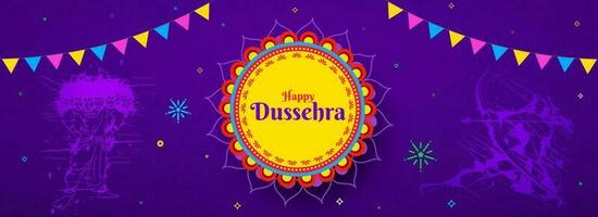 Happy Dussehra Lettering Over Mandala Frame With Abstract Doodle Lord Rama Targeting To Demon Ravana And Bunting Flags On Purple Background. vector