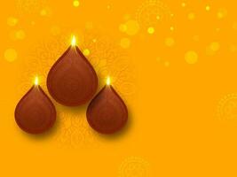 Indian Light Festival, Happy Diwali Festival With Illuminated Realistic Lit Oil Lamps on Shiny Yellow Background. vector