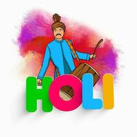 Colorful Paper Holi Font With Young Indian Man Playing Drum Instrument And Color Splash Effect On White Background. vector