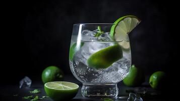 Cold cocktail with lime, tonic, vodka and ice on black background, photo