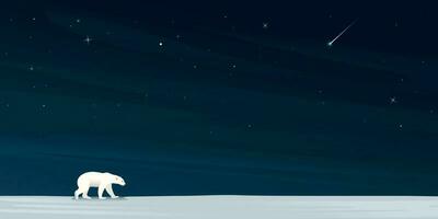 noche a norte polo tener polar oso caminando solo en hielo con un lote de estrellas en el cielo antecedentes. nieve paisaje concepto vector ilustración con blanco espacio.