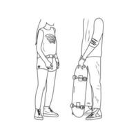 Teenagers lifestyle. Young woman and man with skateboard. Youth style concept. Hand drawn vector illustration.