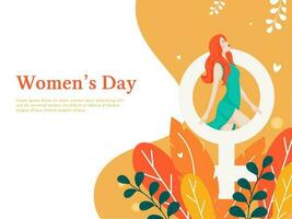 Women's Day Poster Design With Modern Young Girl, Venus Sign, Leaves Decorated On Yellow And White Background. vector