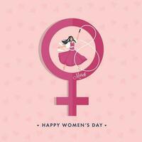 Paper Cut Venus Sign With Young Girl Forming 8 Number On Pink Background For Happy Women's Day Concept. vector
