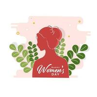 Happy Women's Day Font With Silhouette Female, Green Leaves On Pink And White Background. vector