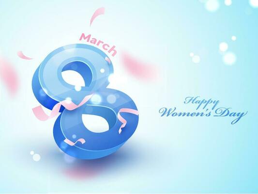 Happy Women's Day Concept With 3D 8 Number Of March On Blue Bokeh Blur Background.