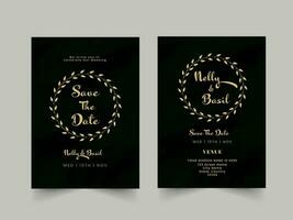 Boda invitación tarjeta modelo diseño en negro y dorado color. vector